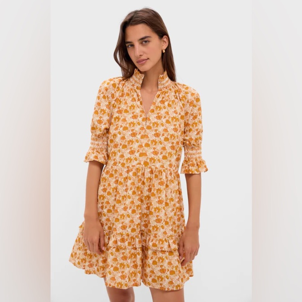 Sunlit Floral Ruffle Mini Dress in Mustard